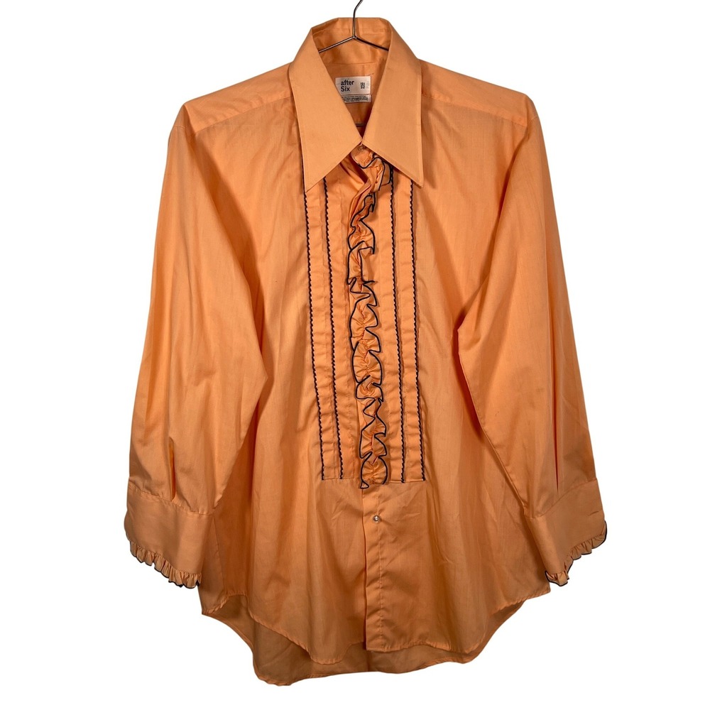 Mens Vintage 70s Ruffled Tuxedo Shirt Peach Orange Black Trim 16.5 x 32
